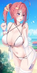 Rule 34 | 1girl, bare shoulders, bikini, blue eyes, blue nails, blue sky, blurry, blurry background, breasts, cleavage, dated, day, front-tie bikini top, front-tie top, hair between eyes, highres, ineedu041 tako, large breasts, long hair, looking to the side, nail polish, navel, original, outdoors, ponytail, red hair, see-through, see-through shirt, shirt, sky, solo, string bikini, summer, swimsuit, thighhighs, thighs, white bikini, white shirt, white thighhighs