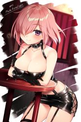 Rule 34 | 1girl, alternate costume, bare shoulders, black gloves, black panties, black skirt, blush, breasts, buckle, character name, cleavage, collar, collarbone, dominatrix, elbow gloves, fate/grand order, fate (series), garter straps, gloves, hair over one eye, highres, holding, large breasts, leaning forward, looking at viewer, mash kyrielight, microskirt, midriff, miniskirt, panties, pantyshot, pink hair, purple eyes, riding crop, sakura yuki (clochette), shiny clothes, short hair, skirt, smile, solo, standing, table, thighhighs, thighs, twitter username, underwear, whiprnrnarm support