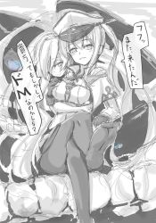 Rule 34 | 10s, 2girls, absurdly long hair, abyssal ship, akaikonomi, bad id, bad nicoseiga id, barefoot, blue eyes, blush, breasts, capelet, commentary request, crossed arms, crossed legs, feet, gloves, glowing, glowing eyes, graf zeppelin (kancolle), greyscale, hair between eyes, hand on another&#039;s chest, hat, highres, impossible clothes, jacket, kantai collection, large breasts, long hair, looking at viewer, miniskirt, monochrome, multiple girls, necktie, pantyhose, peaked cap, sidelocks, sitting, skirt, smile, soles, submarine princess, teeth, torpedo, translation request, tsurime, twintails, uniform, very long hair