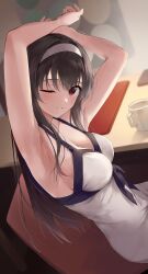 Rule 34 | 1girl, absurdres, armpits, arms up, black hair, breasts, chair, cup, desk, dress, grin, hairband, highres, indoors, kasumigaoka utaha, large breasts, long hair, looking at viewer, one eye closed, parted lips, red eyes, saenai heroine no sodatekata, sitting, smile, solo, straight hair, very long hair, white dress, white hairband, yanagi marie