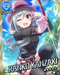 Rule 34 | 10s, 1girl, alternate hairstyle, artist request, belt, black thighhighs, blue sky, blush, card (medium), character name, checkered clothes, checkered skirt, cloud, curly hair, day, eyelashes, fingerless gloves, gem (symbol), gloves, golf club, grey hair, hair down, hat, idolmaster, idolmaster cinderella girls, kanzaki ranko, long hair, looking at viewer, official art, one eye closed, open mouth, outdoors, skirt, sky, smile, solo, sunlight, thighhighs, tree, wind, zettai ryouiki