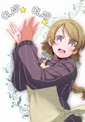 Rule 34 | 1girl, apron, aqua bow, artist name, artist request, blush, bow, breasts, brown apron, brown hair, clapping, female focus, hair between eyes, hair bow, koizumi hanayo, long hair, long sleeves, looking at viewer, love live!, love live! school idol project, parted lips, ponytail, puffy long sleeves, puffy sleeves, purple eyes, purple sweater, repunit, short hair, smile, solo, star (symbol), sweater, vertical-striped sweater, white background