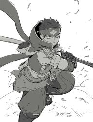 Rule 34 | 1boy, asaya minoru, closed mouth, fighting stance, fishnets, gloves, greyscale, headband, holding, holding sword, holding weapon, kamura (armor), katana, male focus, monochrome, monster hunter (series), monster hunter rise, puffy pants, ready to draw, sandals, sheath, sheathed, sketch, solo, standing, sword, twitter username, weapon, white background, zouri