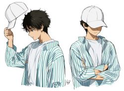 Rule 34 | 1boy, artist logo, brown hair, closed mouth, collared shirt, cropped torso, crossed arms, frown, grey background, hand up, highres, hyouka, mery (yangmalgage), messy hair, multiple views, open clothes, open shirt, oreki houtarou, shirt, short hair, simple background, striped clothes, striped shirt, white headwear, white shirt