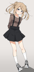 Rule 34 | 1girl, alternate costume, arms behind back, black footwear, black skirt, double bun, full body, grey background, hair bun, highres, kantai collection, kneehighs, light brown hair, looking at viewer, michishio (kancolle), nel-c, pleated skirt, shirt, shoes, short twintails, simple background, skirt, sneakers, socks, solo, striped clothes, striped shirt, suspender skirt, suspenders, twintails, white socks, yellow eyes