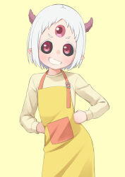 Rule 34 | 1girl, apron, black sclera, blush, colored sclera, demon girl, easy (aqk7bdqt), grin, hands on own hips, hime-sama &quot;goumon&quot; no jikan desu, horns, long sleeves, looking at viewer, maomao (himesama goumon), pink eyes, pink horns, pointy ears, red eyes, red horns, short hair, simple background, smile, solo, third eye, white hair, yellow background