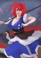 Rule 34 | 1girl, blue kimono, breasts, cleavage, flower, hair bobbles, hair ornament, highres, holding, holding scythe, japanese clothes, kimono, large breasts, obi, onozuka komachi, open mouth, red eyes, red hair, sash, scythe, short sleeves, solo, spider lily, touhou, two side up, yatsu (yaxtu1029)