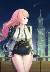 1girl anarchyart armor artist_name black_skirt breasts building cityscape closed_mouth cowboy_shot earrings gloves hair_between_eyes highres jewelry large_breasts long_hair looking_to_the_side night night_sky pencil_skirt pink_hair ring_hair_ornament shirt shoulder_armor sidelocks skirt sky smile solo tsukishiro_yanagi white_shirt zenless_zone_zero