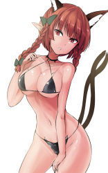 Rule 34 | 1girl, animal ear fluff, animal ears, bare arms, bare shoulders, bikini, black bikini, black choker, bow, braid, breasts, cat ears, choker, commentary request, cowboy shot, grey bow, groin, hair bow, hand up, head tilt, highres, kaenbyou rin, large breasts, long hair, looking at viewer, multiple tails, navel, nekomata, one-hour drawing challenge, parted lips, pointy ears, red eyes, red hair, simple background, solo, standing, stomach, swimsuit, tail, thighs, touhou, twin braids, twintails, two tails, white background, y2