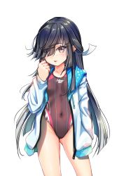 Rule 34 | 1girl, absurdres, aqua bow, aqua bowtie, aqua jacket, black hair, bow, bowtie, breasts, competition swimsuit, covered navel, cowboy shot, dress, hayashimo (kancolle), highres, jacket, kantai collection, looking at viewer, multicolored clothes, multicolored swimsuit, one-piece swimsuit, one eye covered, open mouth, pleated dress, purple one-piece swimsuit, shirt, simple background, small breasts, smile, solo, swimsuit, white shirt, yashin (yasinz)