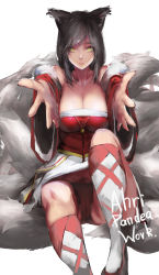 Rule 34 | 1girl, ahri (league of legends), animal ears, black hair, cameltoe, collarbone, detached sleeves, facial mark, female pubic hair, fox ears, fox tail, highres, kneehighs, korean clothes, league of legends, long hair, looking at viewer, multiple tails, outstretched arms, panties, pantyshot, parted lips, pubic hair, pubic hair peek, reaching, reaching towards viewer, simple background, sitting, sky of morika, socks, solo, tail, underwear, white background, yellow eyes