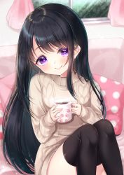 Rule 34 | 1girl, bad id, bad pixiv id, black hair, black thighhighs, blurry, blurry background, blush, brown sweater, closed mouth, commentary request, cup, curtains, depth of field, dress, feet out of frame, highres, holding, holding cup, indoors, knees up, long hair, long sleeves, mirai (happy-floral), mug, original, pillow, polka dot, purple eyes, sitting, sleeves past wrists, smile, solo, steam, sweater, sweater dress, thighhighs, very long hair, window