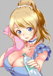 Rule 34 | 10s, 1girl, ayase eli, blonde hair, blue eyes, blush, bottle, breasts, cleavage, female focus, kgo, large breasts, long hair, looking at viewer, love live!, love live! school idol project, open mouth, ponytail, smile, solo, sweat, towel, upper body, water bottle, yume no tobira