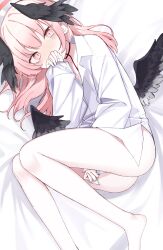 Rule 34 | 1girl, absurdres, barefoot, black wings, blue archive, blush, bottomless, commentary request, feathered wings, head wings, highres, karou (lhscck302), koharu (blue archive), long hair, long sleeves, nose blush, pink eyes, pink hair, shirt, solo, thighs, white shirt, wings