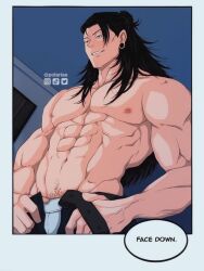 Rule 34 | 1boy, abs, black hair, ear piercing, english text, getou suguru, hot, jujutsu kaisen, large pectorals, long hair, male focus, muscular, muscular male, navel, nipples, open fly, open pants, pants, pectorals, piercing, smile, solo, tagme, topless male