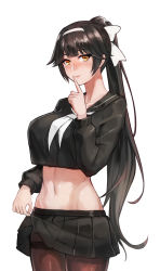 Rule 34 | 1girl, absurdres, azur lane, black hair, black serafuku, black skirt, bow, breasts, brown pantyhose, chinese commentary, closed mouth, collarbone, commentary request, cowboy shot, crop top, crop top overhang, groin, hair flaps, hairband, hand up, highres, huitu xigai, index finger raised, large breasts, legs together, long hair, long sleeves, looking at viewer, midriff, miniskirt, navel, neckerchief, pantyhose, pleated skirt, ponytail, school uniform, serafuku, shiny skin, sidelocks, simple background, skirt, skirt hold, solo, standing, stomach, takao (azur lane), takao (school romanza) (azur lane), thighband pantyhose, very long hair, white background, white bow, white hairband, white neckerchief, yellow eyes