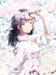 Rule 34 | 1girl, absurdres, arm up, black hair, black skirt, blue eyes, blurry, branch, cherry blossoms, closed mouth, commentary request, day, depth of field, highres, jacket, jewelry, long sleeves, looking at viewer, medium hair, necklace, original, outdoors, petals, sena tea29, shirt, sidelocks, skirt, smile, solo, upper body, watch, white jacket, white shirt, wristwatch