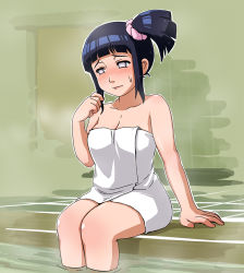 Rule 34 | 1girl, bath, blue hair, blush, breasts, cleavage, collarbone, embarrassed, highres, hyuuga hinata, large breasts, legs, long hair, looking away, naruto, naruto (series), nude, oreshika, side ponytail, sitting, solo, steam, sweat, thighs, towel, water, white eyes
