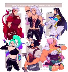 Rule 34 | 6+girls, arthropod girl, axe, black hair, breasts, cat, character name, claws, cleavage, column lineup, corset, crop top, crossover, danny phantom, dead by daylight, dorohedoro, ember mclain, english text, epaulettes, gram quartz, guitar, hatchet, hatchet (axe), highres, holding, holding weapon, instrument, kill la kill, kiryuuin satsuki, large breasts, long hair, mask, midriff, multicolored hair, multiple crossover, multiple drawing challenge, multiple girls, muscular, muscular female, navel, noi (dorohedoro), original, ponytail, rabbit mask, renjou desperado, scorpia, scorpion tail, she-ra and the princesses of power, silver hair, single strap, six fanarts challenge, smile, stomach, suspenders, tail, the huntress (dead by daylight), thighhighs, toned, two-tone hair, weapon, white legwear