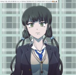 Rule 34 | 1girl, black jacket, blue necktie, breasts, brown eyes, brown hair, chabashira tenko, collared shirt, danganronpa (series), danganronpa v3: killing harmony, drill hair, grey background, jacket, large breasts, long hair, mole, mole under mouth, necktie, official alternate costume, open clothes, open jacket, plaid, plaid background, shirt, smile, solo, striped necktie, tansug (tansuk88), twin drills, upper body, vest, white shirt