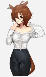 Rule 34 | 1girl, agnes tachyon (umamusume), ahoge, animal ears, black pants, brown hair, casual, closed mouth, commentary request, ear ornament, frilled shirt, frills, grey background, hand in own hair, hand to own mouth, high-waist pants, horse ears, horse girl, horse tail, long hair, long sleeves, looking at another, medium hair, off-shoulder shirt, off shoulder, pants, red eyes, shirt, simple background, smile, solo, standing, tail, tan (inka), thigh gap, umamusume
