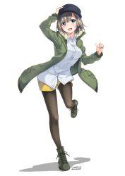 Rule 34 | 1girl, 2016, :d, arm up, black pantyhose, blue eyes, blush, breasts, dated, full body, grey hair, hand on headwear, hat, highres, jacket, leg up, long sleeves, looking at viewer, medium breasts, open mouth, original, pantyhose, shadow, shirt, shoes, short hair, shorts, simple background, smile, solo, standing, twitter username, unasaka ryou, white background, white shirt, yellow shorts