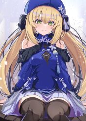 Rule 34 | 1girl, artoria caster (fate), artoria pendragon (fate), bare shoulders, beret, blonde hair, blue hat, blue shirt, blush, breasts, brown thighhighs, fate/grand order, fate (series), green eyes, hat, long hair, long sleeves, looking at viewer, neko daruma, off shoulder, pleated skirt, shirt, sitting, skirt, small breasts, smile, solo, tassel, thighhighs, thighs, twintails, white skirt