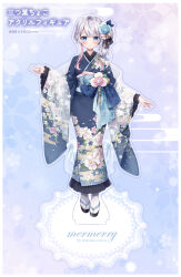 Rule 34 | 1girl, black footwear, black kimono, blue background, blue eyes, blue flower, braid, closed mouth, commentary request, egasumi, floral background, floral print, flower, frilled sleeves, frills, full body, gradient background, grey hair, hair flower, hair ornament, highres, japanese clothes, kimono, long hair, long sleeves, mitsuba choco, multicolored hair, obi, original, pink hair, print kimono, purple background, sandals, sash, sleeves past wrists, smile, socks, solo, tabi, translation request, two-tone hair, very long hair, white socks, wide sleeves, zouri