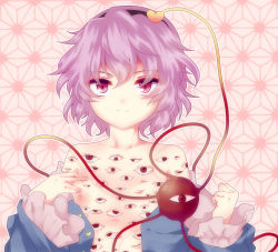 Rule 34 | 1girl, asa no ha (pattern), bad id, bad pixiv id, blue shirt, buttons, collarbone, creepy, extra eyes, eyeball, female focus, flat chest, hairband, hand on own chest, heart, horror (theme), komeiji satori, light smile, looking at viewer, nipples, off shoulder, open clothes, open shirt, pink background, pink eyes, pink theme, purple hair, red eyes, shirt, short hair, smile, solo, third eye, touhou, unbuttoned, uranaishi (miraura)