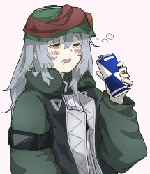 Rule 34 | 1girl, artworks/95205780, blush, brown eyes, g11 (girls&#039; frontline), girls&#039; frontline, green headwear, green jacket, grey hair, highres, holding, holding jar, jacket, jar, long hair, looking away, mod3 (girls&#039; frontline), open clothes, open jacket, open mouth, petite, shitamichi 4444, simple background, sleepy, solo, upper body
