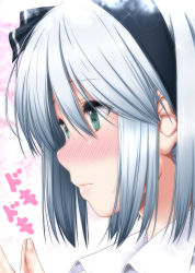 Rule 34 | 1girl, black hairband, blush, closed mouth, embarrassed, fidgeting, from side, frown, green eyes, hair between eyes, hairband, konpaku youmu, nori tamago, nose blush, own hands together, short hair, sidelocks, silver hair, solo, sparkle, sweat, touhou, wing collar