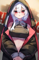 Rule 34 | 1girl, :p, absurdres, bare shoulders, black coat, blush, breasts, closed mouth, coat, commentary request, crop top, graffiti, hair ornament, hairclip, highres, hood, hood up, hooded coat, long sleeves, looking at viewer, medium breasts, moti yousei, navel, original, own hands together, red eyes, short hair with long locks, silver hair, single sidelock, smile, solo, tongue, tongue out, upper body