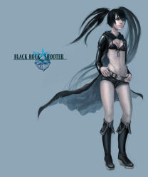 10s 1girl abe_(jump) bad_id bad_pixiv_id belt bikini bikini_top_only black_hair black_rock_shooter black_rock_shooter_(character) boots coat female_focus flat_chest full_body lingerie long_hair navel pale_skin shorts solo swimsuit twintails underwear