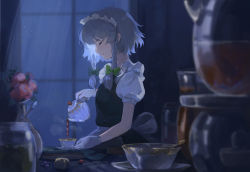 Rule 34 | 1girl, apron, beads, black tea, blurry, bow, braid, breedo, closed eyes, cup, curtains, depth of field, eyelashes, flower, from side, gloves, green bow, grey hair, hair bow, highres, holding, holding teapot, indoors, izayoi sakuya, jar, maid headdress, night, pouring, profile, puffy short sleeves, puffy sleeves, saucer, short hair, short hair with long locks, short sleeves, side braid, smile, solo, steam, table, tea, teacup, teapot, touhou, touhou lost branch of legend, twin braids, upper body, vase, waist apron, white apron, white gloves, window
