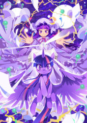 Rule 34 | 1girl, bow, crossover, hair bow, hair ribbon, hat, highres, looking at viewer, mob cap, my little pony, my little pony: friendship is magic, patchouli knowledge, pegasus, pony (animal), purple eyes, purple hair, purple theme, ribbon, smile, touhou, twilight sparkle, unicorn, xin yu hua yin