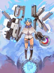 Rule 34 | 1girl, black footwear, blue eyes, blue hair, boots, full body, gloves, headset, highres, joints, knee boots, level-00, matching hair/eyes, mecha, mechanical arms, mechanical parts, midair, no pants, original, panties, pen, pixiv, pixiv-tan, robot, robot joints, science fiction, short hair, single glove, single mechanical arm, solo, underwear