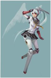 Rule 34 | 1girl, android, blue hair, headphones, highres, joints, labrys (persona), long hair, persona, persona 4: the ultimate in mayonaka arena, pleated skirt, ponytail, red eyes, robot joints, school uniform, skirt, smile, solo, tiuco