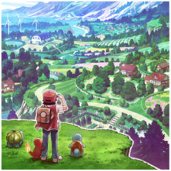 Rule 34 | 1boy, backpack, bag, brown bag, building, bulbasaur, charmander, commentary request, creatures (company), day, denim, fence, game freak, gen 1 pokemon, grass, hand on headwear, hand up, hat, highres, jacket, jeans, k-n, male focus, nintendo, outdoors, pants, pokemon, pokemon (creature), pokemon rgby, red (pokemon), red headwear, scenery, shoes, short sleeves, squirtle, standing, starter pokemon trio, tree, white footwear, wind turbine, windmill