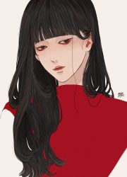 Rule 34 | 1girl, absurdres, bad id, bad pixiv id, black hair, blunt bangs, brown eyes, closed mouth, commentary, cropped torso, hair behind ear, highres, kagoya1219, long hair, looking at viewer, original, red shirt, shirt, signature, simple background, solo, stray hair, upper body, white background