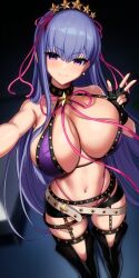 Rule 34 | 1girl, absurdres, bare shoulders, bb (fate), bb (fate) (all), bb (swimsuit mooncancer) (fate), bb (swimsuit mooncancer) (second ascension) (fate), belt, bikini, black gloves, black hairband, black shorts, black thighhighs, blush, breasts, closed mouth, commentary, earrings, english commentary, fate/grand order, fate (series), fingerless gloves, gloves, gyaru, hair ornament, hairband, highleg, highleg bikini, highres, jewelry, kook, large breasts, long hair, looking at viewer, micro shorts, navel, pink bikini, purple bikini, purple eyes, purple hair, shorts, smile, solo, star (symbol), star earrings, stomach, strap pull, swimsuit, thighhighs, thighs, white belt