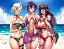 Rule 34 | 1futa, 2girls, absurdres, beach, bikini, black hair, breasts, cleavage, erection, fire emblem, fire emblem awakening, futa with female, futanari, grabbing, grabbing another&#039;s breast, gradient hair, grey hair, highres, huge breasts, huge penis, large breasts, large testicles, long hair, looking at viewer, medium hair, morgan (female) (fire emblem), morgan (fire emblem), multicolored hair, multiple girls, nintendo, noire (fire emblem), open mouth, penis, penis awe, purple hair, ryusuke kh, scared, short hair, smile, surprised, swimsuit, testicles, tongue, tongue out, veins, veiny penis