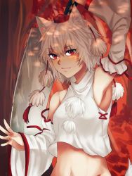 Rule 34 | 1girl, animal ears, bare shoulders, closed mouth, commentary request, detached sleeves, hat, highres, holding, holding sword, holding weapon, inubashiri momiji, korean commentary, kuya (hey36253625), midriff, navel, outdoors, pom pom (clothes), red eyes, red headwear, red ribbon, ribbon, ribbon-trimmed sleeves, ribbon trim, shirt, short hair, sleeveless, sleeveless shirt, stomach, sword, tail, tassel, tokin hat, touhou, turtleneck, upper body, vest, weapon, white hair, white shirt, white sleeves, white vest, wide sleeves, wolf ears, wolf tail