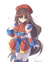 Rule 34 | 1girl, android, beret, blush, breasts, brown hair, dress, female focus, gloves, green eyes, hair between eyes, hat, iris (mega man), long hair, low-tied long hair, medium breasts, mega man (series), mega man x4, mega man x (series), military hat, red hat, rento (rukeai), solo, standing, very long hair, white background, white gloves