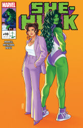 Rule 34 | 2girls, absurdres, artist name, brown hair, character name, colored skin, company name, copyright name, dual persona, english text, green eyes, green hair, green skin, hand in pocket, highres, jacket, jen bartel, leotard, logo, long hair, looking at viewer, marvel, multiple girls, open clothes, open jacket, pants, purple jacket, purple pants, she-hulk, shirt, shoes, watermark, white shirt