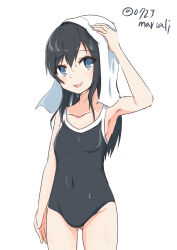 Rule 34 | 1girl, asashio (kancolle), black hair, black one-piece swimsuit, blue eyes, blush, collarbone, competition school swimsuit, covered navel, cowboy shot, highres, kantai collection, long hair, looking at viewer, noshin, one-piece swimsuit, open mouth, school swimsuit, smile, solo, swimsuit, towel, towel on head, twitter username
