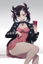 Rule 34 | 1girl, asymmetrical bangs, black choker, black hair, black jacket, black nails, blue eyes, breasts, cellphone, choker, cleavage, collarbone, commentary, creatures (company), dress, earrings, english commentary, fingernails, game freak, hair ribbon, hand up, highres, holding, holding phone, holding poke ball, jacket, jewelry, long sleeves, marnie (pokemon), medium breasts, nail polish, nintendo, open clothes, open jacket, phone, pink dress, poke ball, poke ball (basic), pokemon, pokemon swsh, red ribbon, ribbon, sitting, solo, twintails, watermark, web address, zeronis