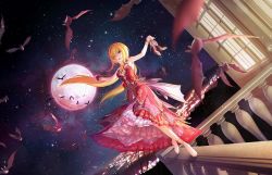Rule 34 | 1girl, anklet, armpits, balcony, barefoot, bat (animal), blonde hair, blush, bracelet, city lights, dress, frilled dress, frills, full body, full moon, hair between eyes, hairband, high heels, holding, holding clothes, holding footwear, idolmaster, idolmaster cinderella girls, idolmaster cinderella girls starlight stage, jewelry, kurosaki chitose, lights, long hair, looking at viewer, moon, nail polish, night, official art, on railing, open mouth, outdoors, outstretched arms, railing, red dress, red eyes, red moon, red nails, scenery, shoes, unworn shoes, sky, sleeveless, smile, solo, standing, star (sky), starry sky, very long hair, wrist cuffs