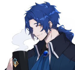Rule 34 | 1boy, ascot, blue ascot, blue coat, blue gemstone, blue hair, brooch, chesed (project moon), coat, collared coat, cup, gem, holding, holding cup, jewelry, jyanjyan, library of ruina, long hair, looking at viewer, mug, parted bangs, project moon, simple background, smile, solo, steam, white background, yellow eyes