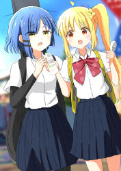 Rule 34 | 2girls, backpack, bag, black pantyhose, black skirt, blonde hair, blue hair, blurry, blurry background, bocchi the rock!, bottle, bow, bowtie, carrying bag, commentary, english commentary, guitar case, hair ornament, hair over one eye, hairclip, high side ponytail, highres, holding water, ijichi nijika, instrument case, kur0u, layered sleeves, long hair, long sleeves, looking at another, multiple girls, orange eyes, pantyhose, pleated skirt, polka dot bowtie, red bow, red bowtie, school uniform, shirt, short hair, short over long sleeves, short sleeves, skirt, sweat, walking, water bottle, white shirt, yamada ryo, yellow bag, yellow eyes, yuri