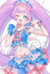 Rule 34 | 1girl, ;d, aqua eyes, blue bow, bow, bowtie, heart, heart hands, highres, layered skirt, long hair, manaka laala, midriff, multicolored clothes, multicolored skirt, nanceee 305, one eye closed, open mouth, pink bow, pink bowtie, pink nails, pretty series, pripara, pripara (series), skirt, smile, solo, summer maid coord, twintails, very long hair, wrist cuffs